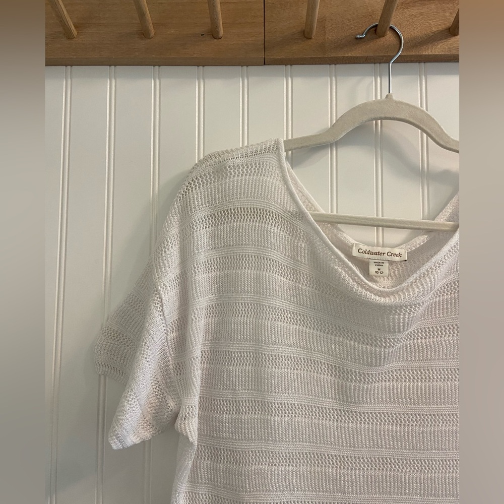 Coldwater Creek Crochet Mesh Short Sleeve White Linen Blend Light Sweater M